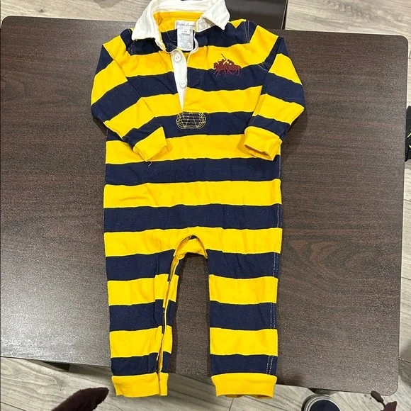 Ralph Lauren Rugby One Piece Yellow Navy Striped Polo 12M - Picture 1 of 5